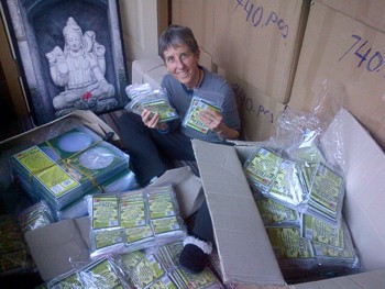 Boxes and boxes of More Than A Nut Milk Bags make Brenda Hinton very happy! (photo by Mike Hinton)